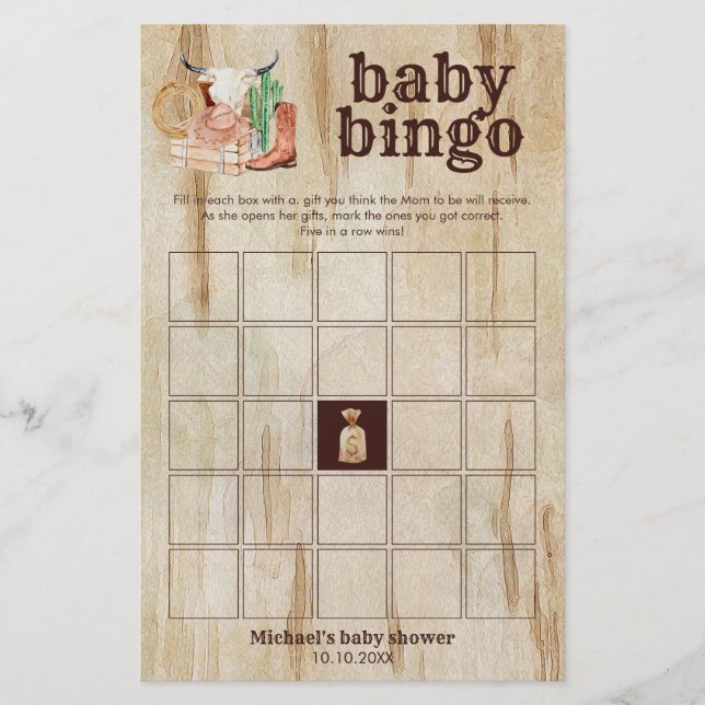 Rustic Cowboy Baby Shower Cactus Desert Bingo Game (Front)