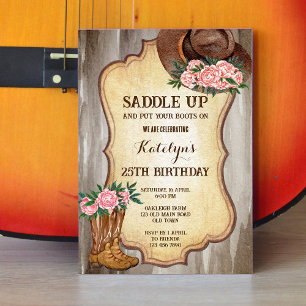 Rustic cowboy boots and hat peonies watercolor invitation