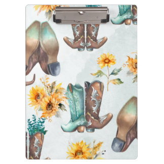 Rustic Cowboy Boots and Sunflowers Watercolor Clipboard