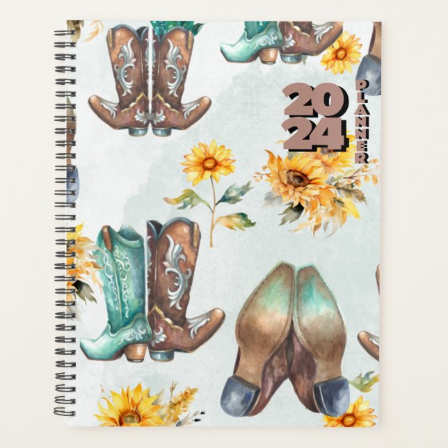 Rustic Cowboy Boots and Sunflowers Watercolor Planner (Front)