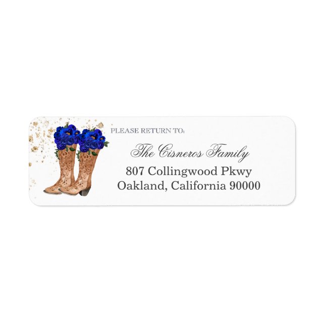 Rustic Cowboy Boots Blue Roses Return Address (Front)
