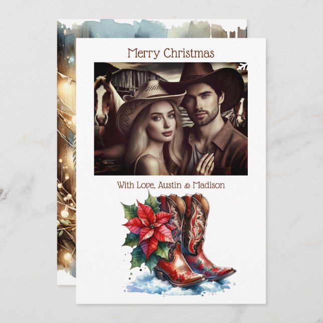 Rustic Cowboy Boots Country & Western Personalised Holiday Card (Front/Back)