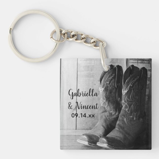 Rustic Cowboy Boots Country Western Wedding Key Ring (Front)