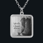Rustic Cowboy Boots Country Western Wedding Silver Plated Necklace<br><div class="desc">The charming Rustic Cowboy Boots Country Western Wedding Pendant Necklace makes a unique personalised keepsake wedding gift for the bride or her bridesmaids. This ranch theme custom country chic wedding necklace features a black and white digitally enhanced photograph of leather cowboy boots with a weathered barn wood background inside a...</div>