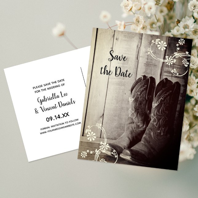 Rustic Cowboy Boots Floral Western Save the Date  Announcement Postcard (Creator Uploaded)