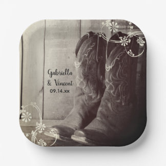 Rustic Cowboy Boots Floral Western Wedding Paper Plate