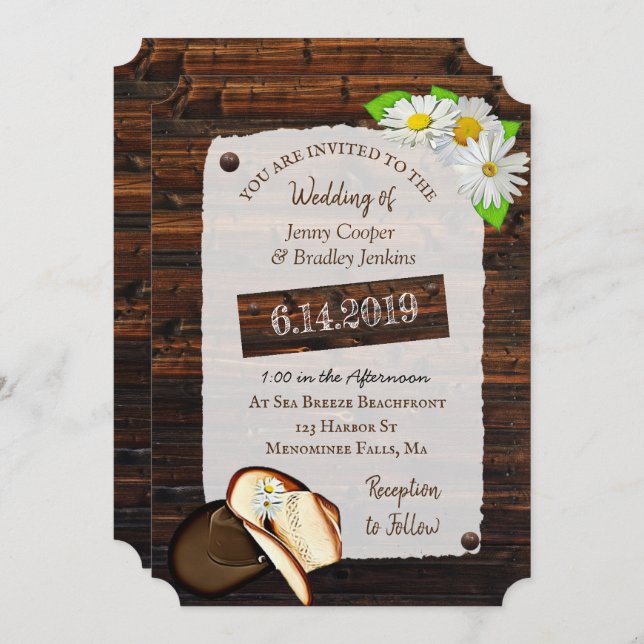 Rustic Cowboy Boots, Hats and Daisies Wedding Invitation (Front/Back)
