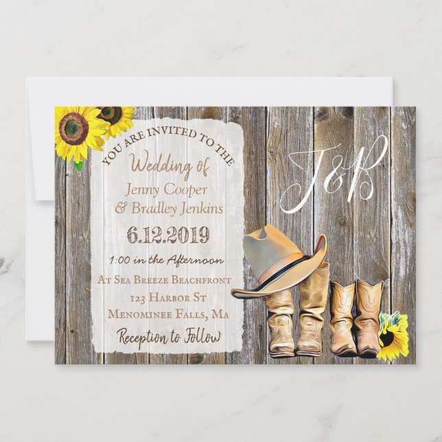 Rustic Cowboy Boots, Lace and Sunflowers Wedding Invitation (Front)