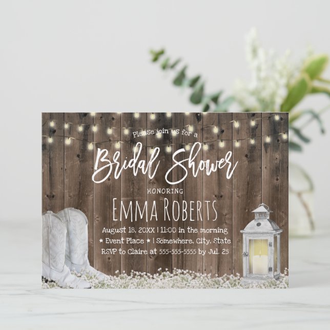 Rustic Cowboy Boots & Lantern Barn Bridal Shower Invitation (Standing Front)