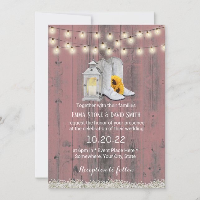 Rustic Cowboy Boots Lantern Pink Wood Wedding Invitation (Front)