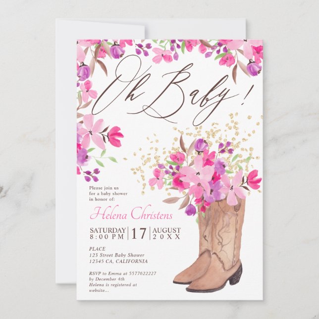 Rustic cowboy boots pink floral baby shower invitation (Front)