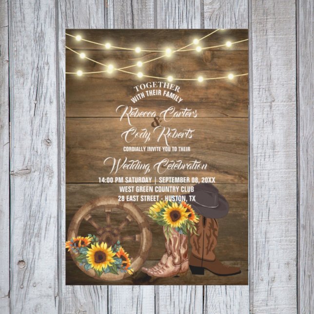 Rustic Cowboy Boots Sunflower Western Wedding  Invitation (Creator Uploaded)