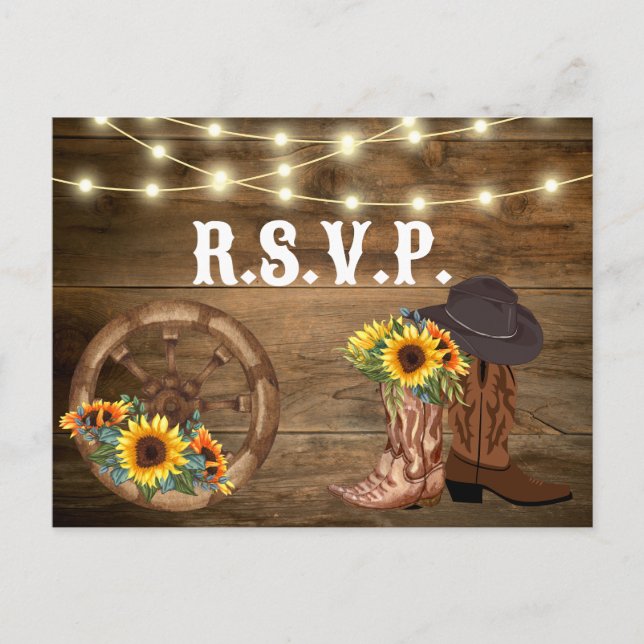 Rustic Cowboy Boots Sunflower Western Wedding RSVP Postcard (Front)