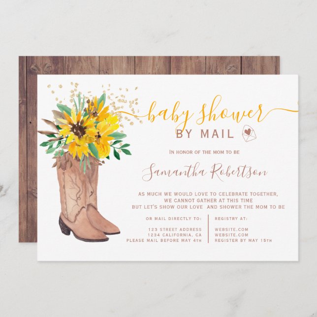 Rustic cowboy boots watercolor baby shower by mail invitation (Front/Back)