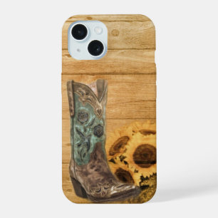 rustic cowboy boots western barn wood sunflower iPhone 15 case