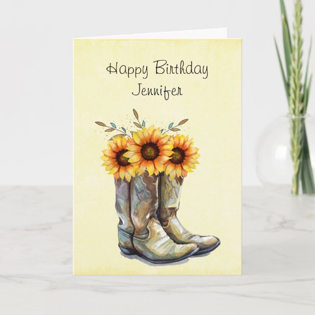 Rustic Cowboy Boots with Sunflowers Birthday Card (Front)