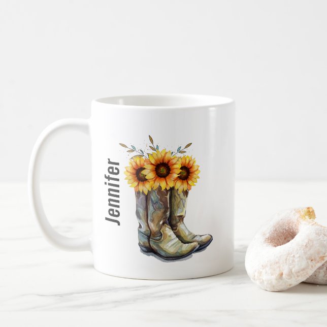 Rustic Cowboy Boots with Sunflowers Coffee Mug (With Donut)