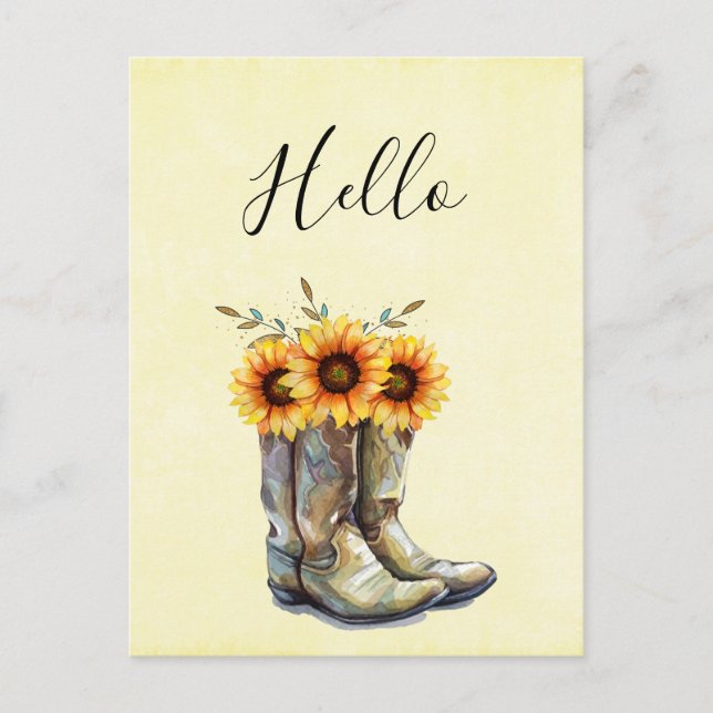 Rustic Cowboy Boots with Sunflowers Hello Postcard (Front)