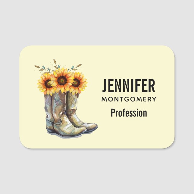 Rustic Cowboy Boots with Sunflowers Name Tag (Front)