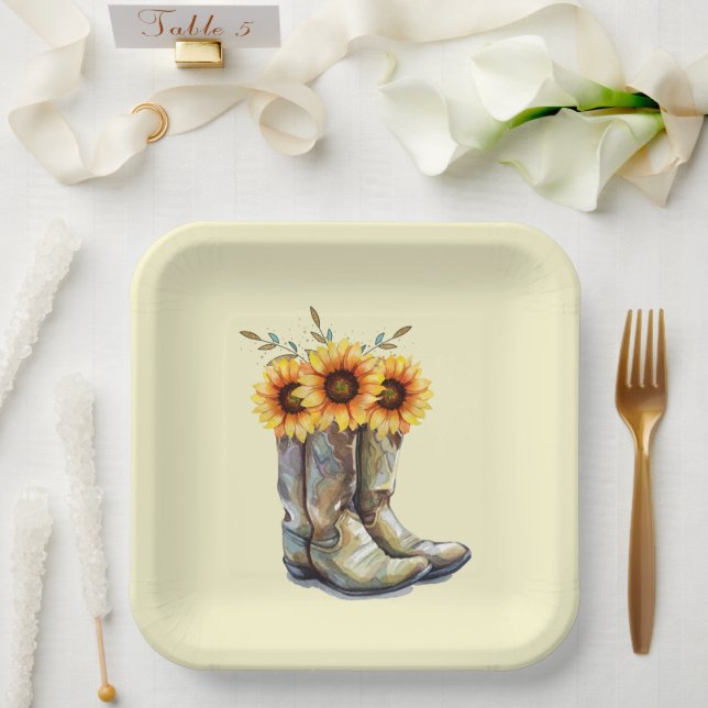 Rustic Cowboy Boots with Sunflowers Paper Plate (Wedding)