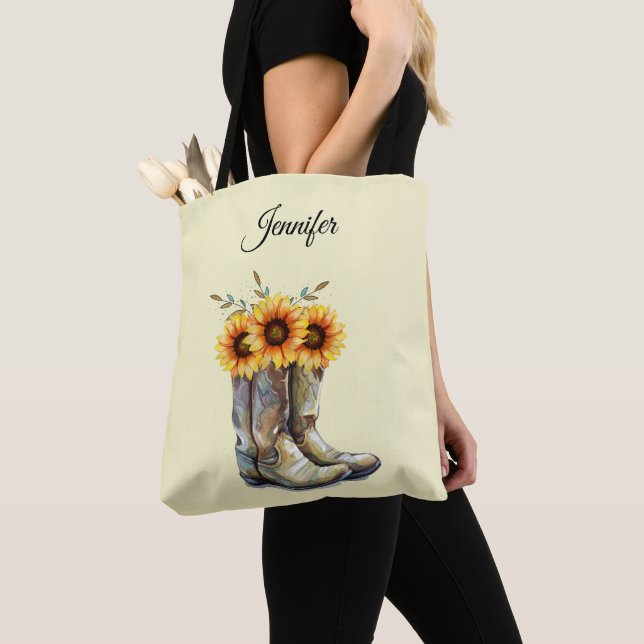 Rustic Cowboy Boots with Sunflowers Tote Bag (Close Up)