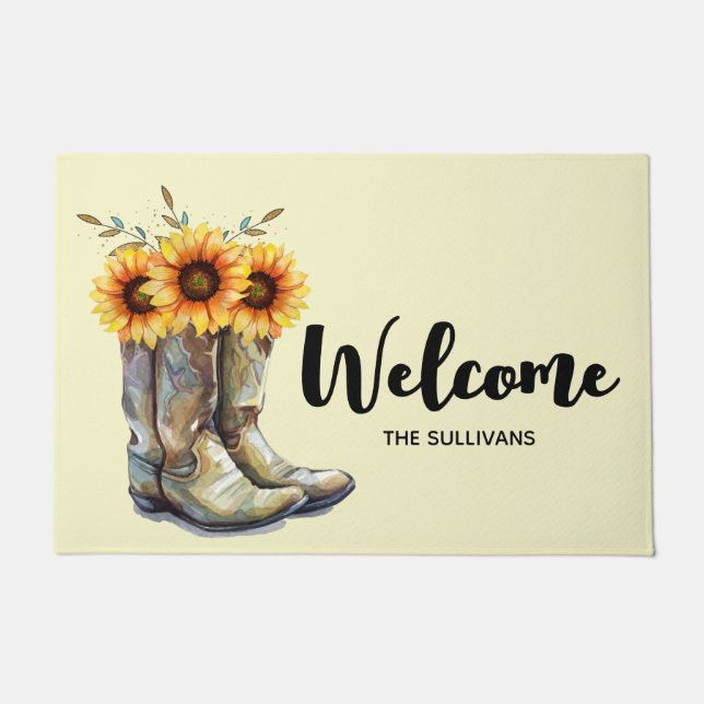 Rustic Cowboy Boots with Sunflowers Welcome Doormat (Front)