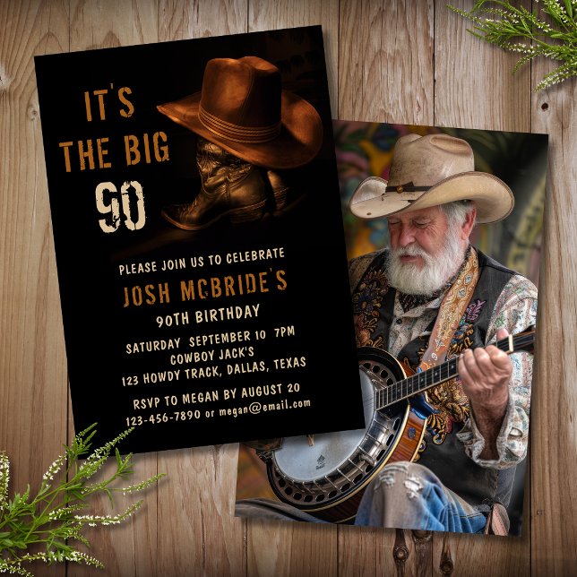 Rustic Cowboy Hat Boots 90th Birthday Photo Invitation (Creator Uploaded)