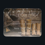 Rustic Cowboy Ranch Wedding Save the Date Magnet<br><div class="desc">This save the date magnet lets you share your love of all things rustic and cowboy - worn leather and barnwood,  and soft string lights. Perfect for a barn,  country,  or casual wedding venue. Created by Simply Farmhouse Press.</div>