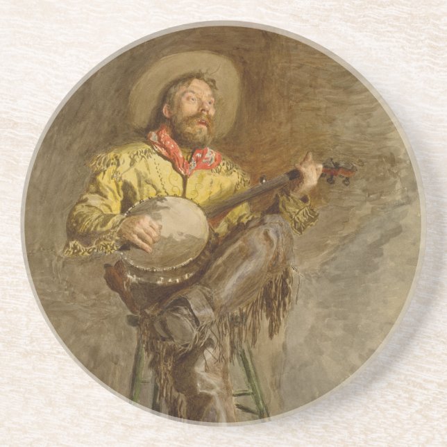Rustic Cowboy Singing w Banjo in Old West Coaster (Front)