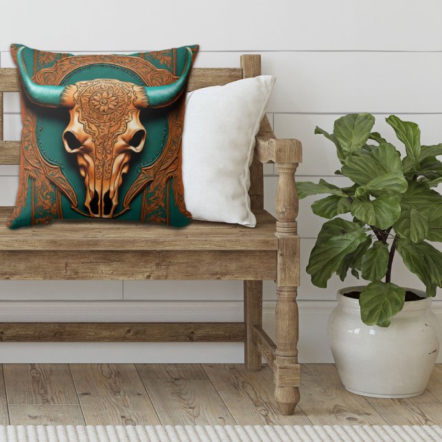 Rustic Cowboy Teal Orange Southwestern Bull Skull  Cushion (Southwestern bull skull teal orange western country pillow)