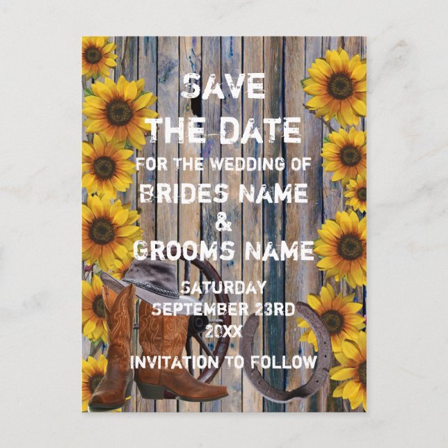 Rustic cowboy themed country style save the date announcement postcard (Front)
