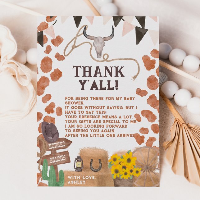 Rustic cowboy western brown cow baby shower thank you card (Creator Uploaded)