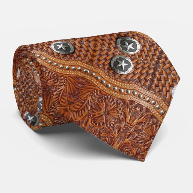 Rustic Cowboy Western Country Leather Pattern Tie (Rolled)