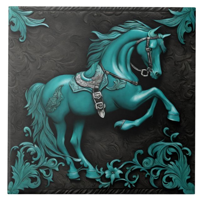Rustic Cowboy Western Country Turquoise Horse  Tile (Front)