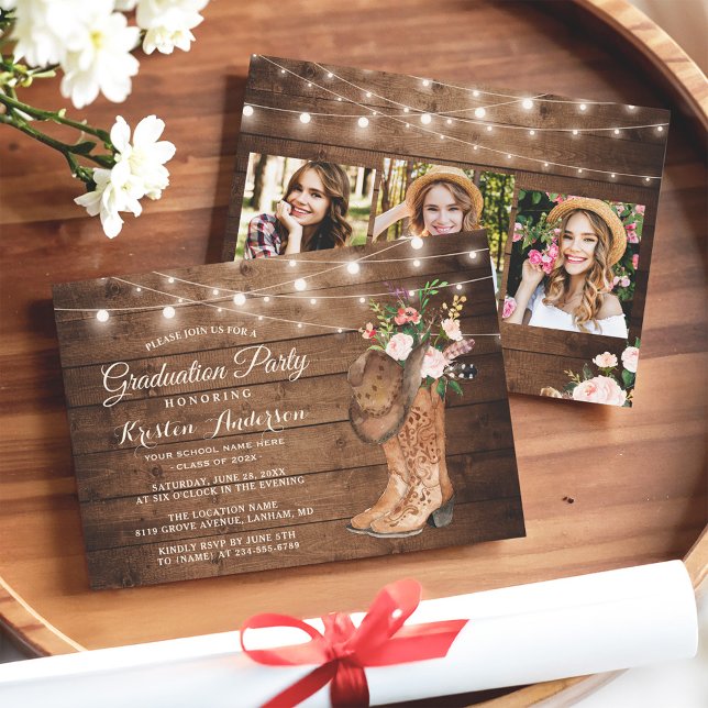 Rustic Cowgirl Boots 3 Photos Graduation Party  Invitation (Creator Uploaded)