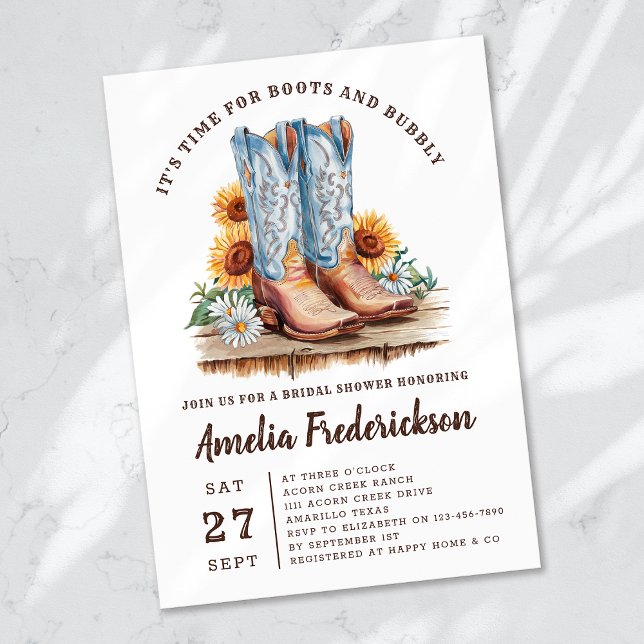 Rustic Cowgirl Boots and Bubbly Bridal Shower Invitation (Creator Uploaded)