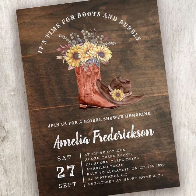 Rustic Cowgirl Boots and Bubbly Bridal Shower Invitation (Creator Uploaded)