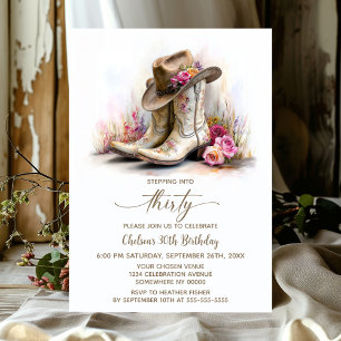 Rustic Cowgirl Boots and Hat 30th Birthday Party Invitation
