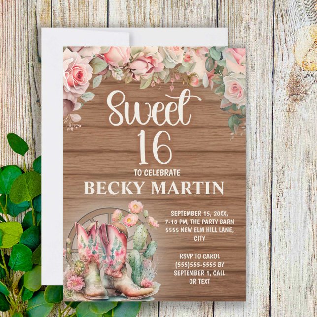 Rustic Cowgirl Boots Pink Roses Sweet 16  Invitation (Creator Uploaded)