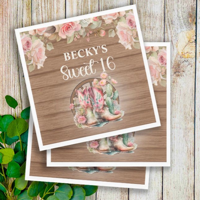 Rustic Cowgirl Boots Pink Roses Sweet 16  Napkin (Creator Uploaded)