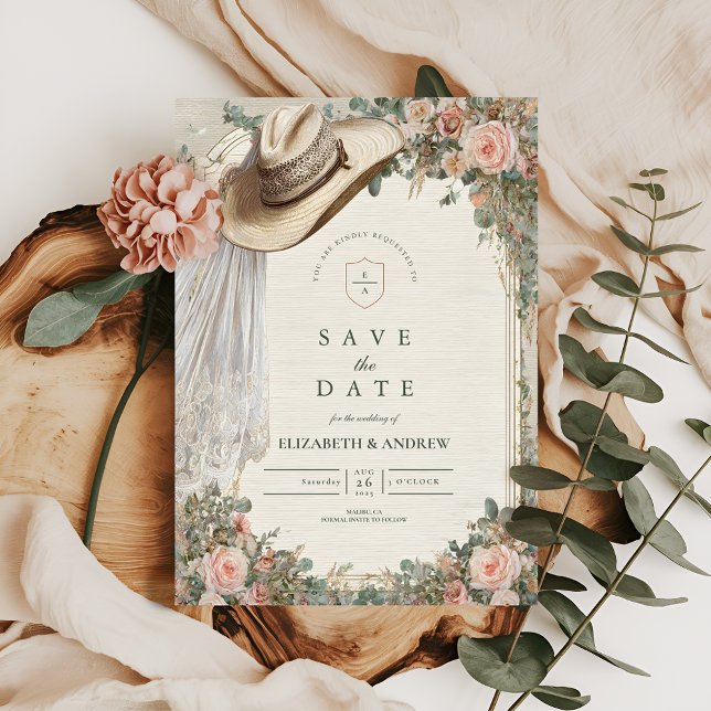 Rustic Cowgirl Hat Lace Wedding Save The Date (Creator Uploaded)