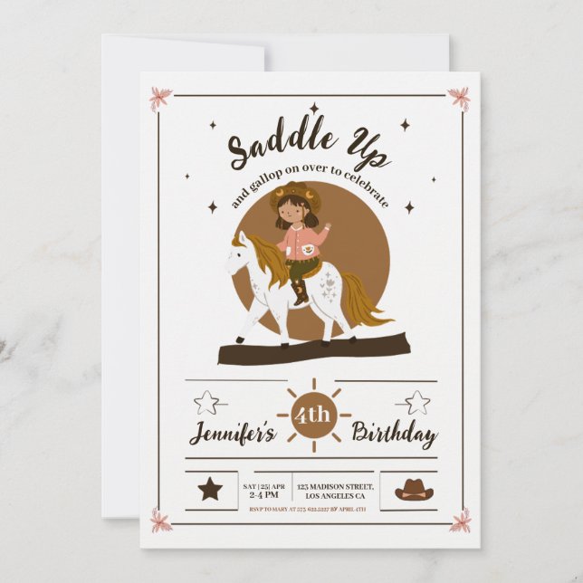 Rustic Cowgirl Saddle Up 4th Birthday Invitation (Front)