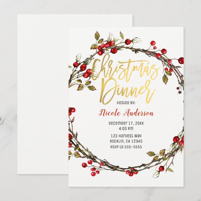 Rustic Cranberry Berries Wreath Christmas Dinner Invitation (Front/Back)