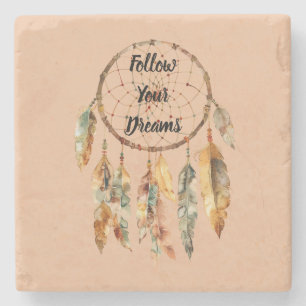 Rustic Cream Boho Feathers Dream Catcher Stone Coaster
