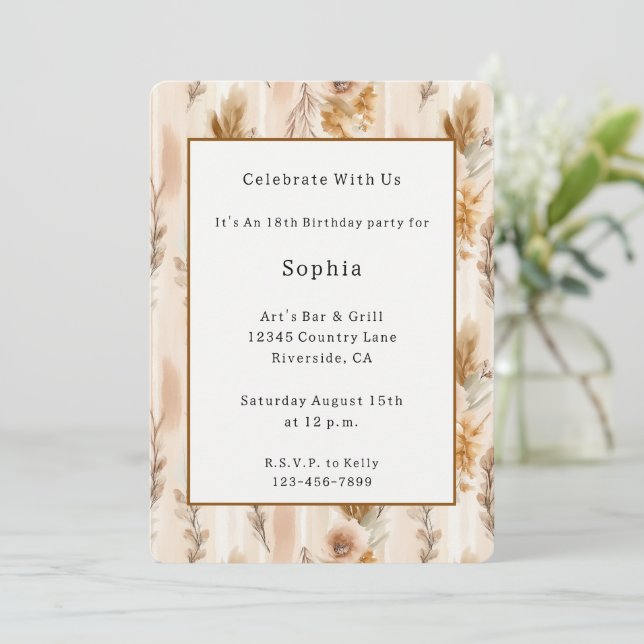 Rustic Cream Boho Floral Birthday   Invitation (Standing Front)