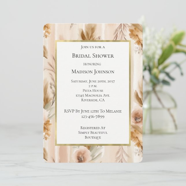 Rustic Cream Boho Floral Bridal Shower Invitation (Standing Front)