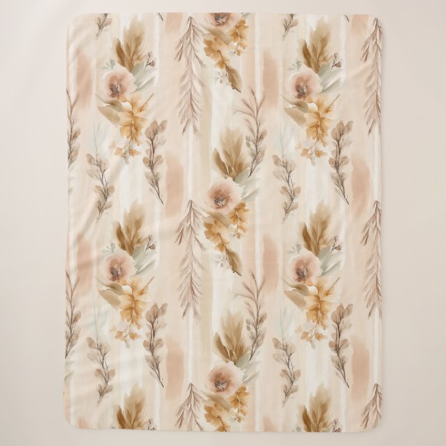 Rustic Cream Boho Floral Sherpa Blanket (Front)