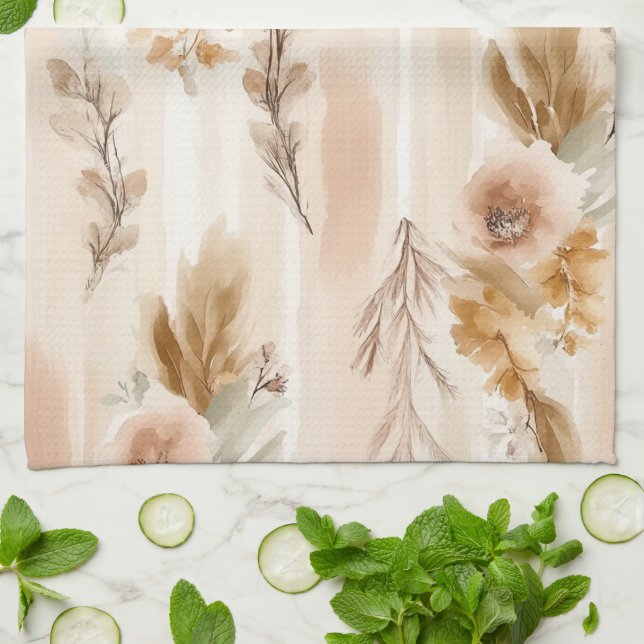 Rustic Cream Boho Floral Tea Towel (Folded)