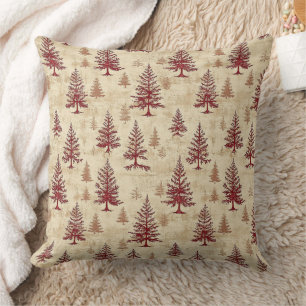 Rustic Cream Burgundy Winter Pine Forest Pattern Cushion
