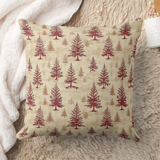 Rustic Cream Burgundy Winter Pine Forest Pattern Cushion (Blanket)